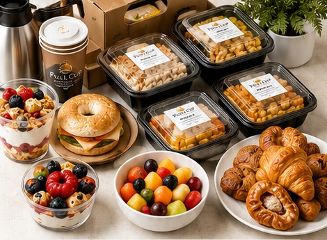 Office breakfast catering boxes, fruit, pastries and coffee