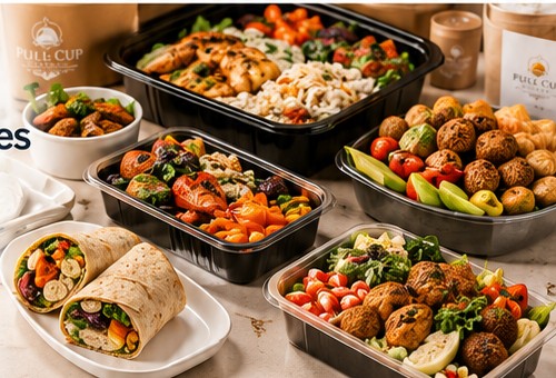 Office lunch catering with wraps, bowls, salads and fruit