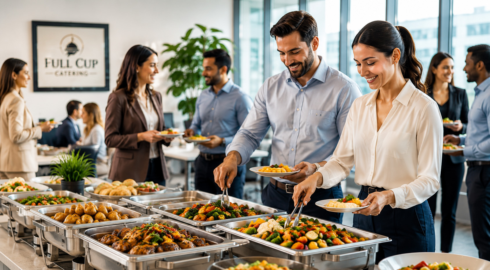 Office employees enjoying fresh daily office catering