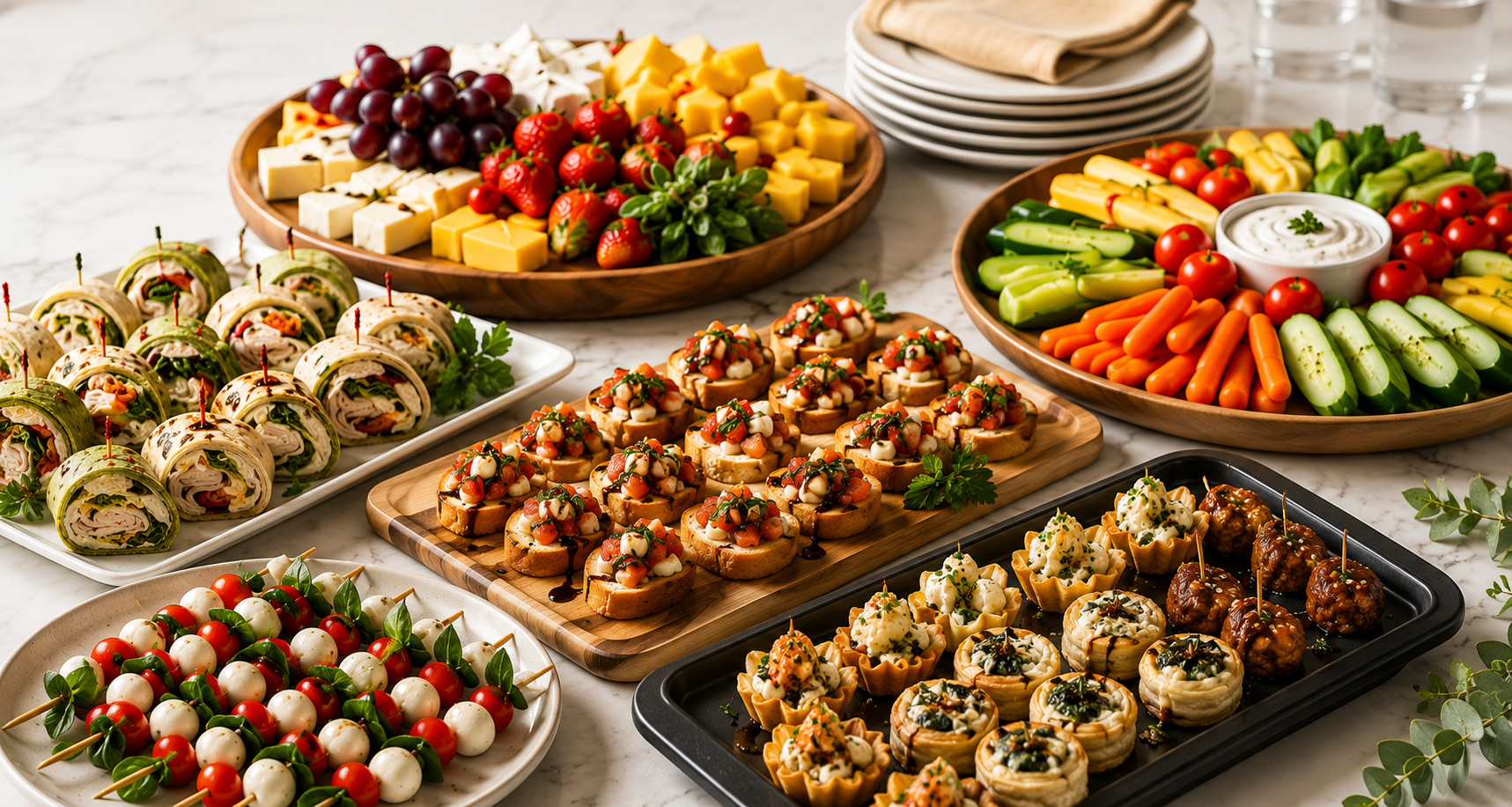 Platters and appetizers with cheese, fruit, vegetables and skewers