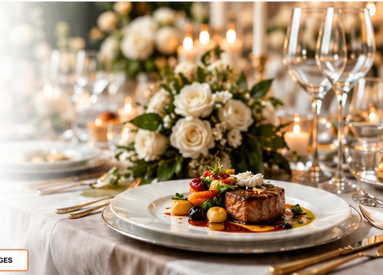Elegant wedding reception table with plated dinner