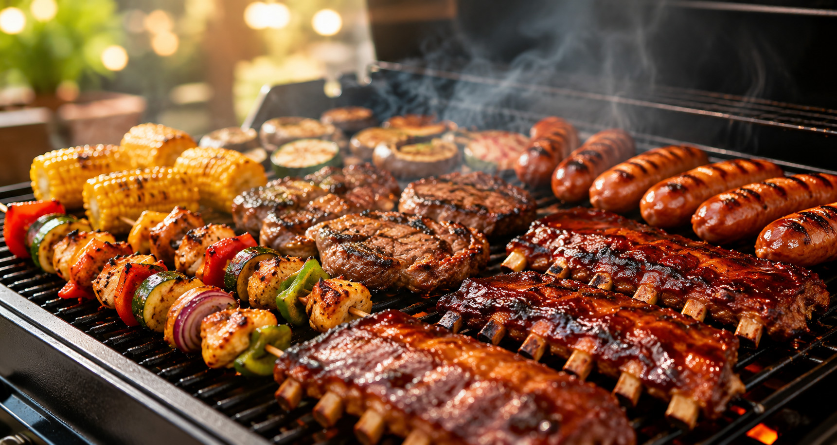 Grilled BBQ skewers and meats on a smoky grill