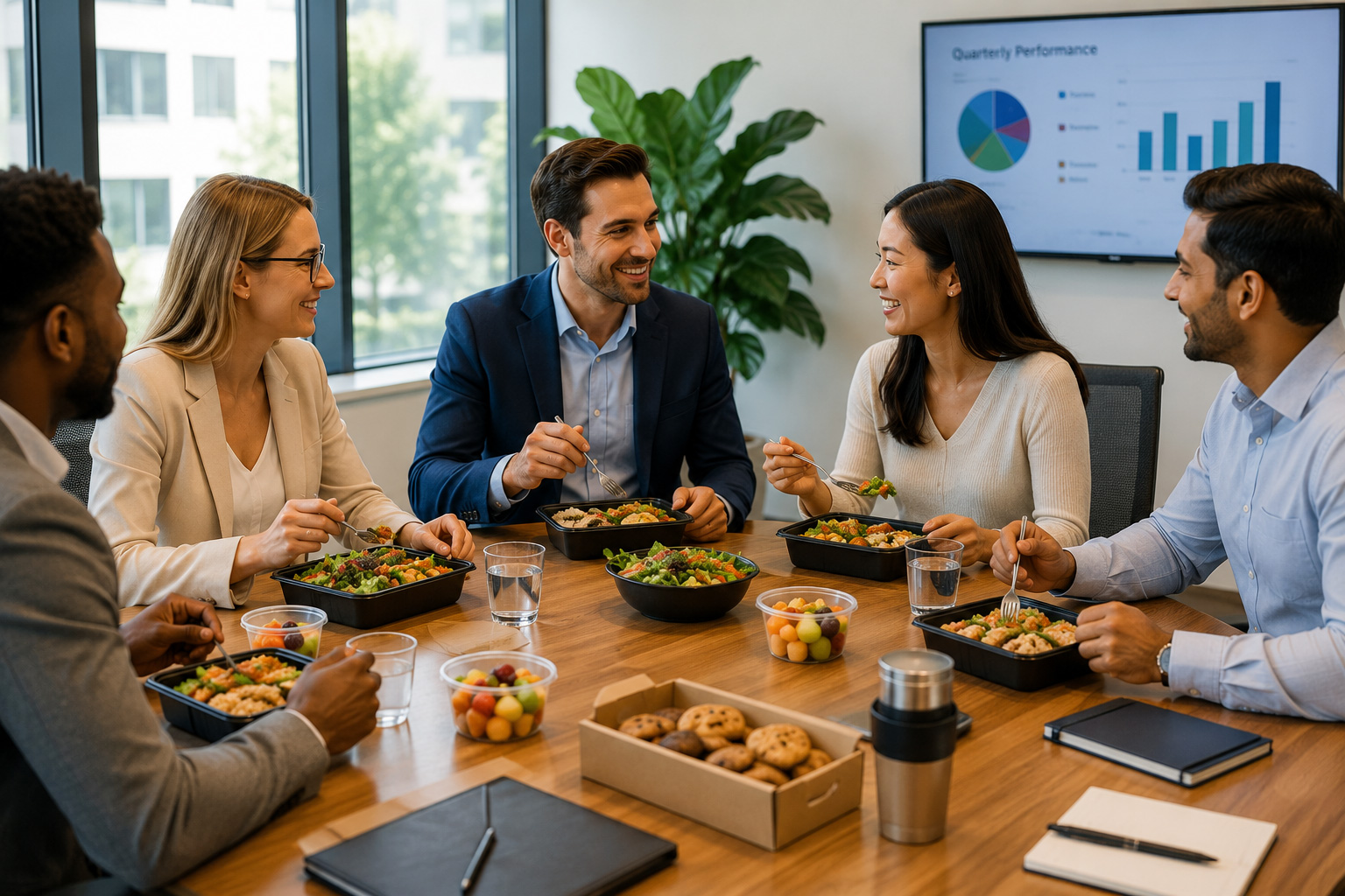 Office team enjoying catered lunch
